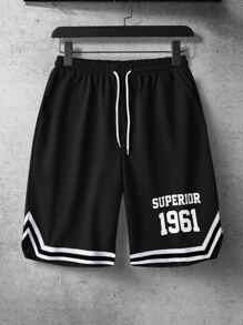 Aesthetic Post--Loose Fit Men's Shorts With Letter Graphic & Contrast Striped Trim - Black - View 1