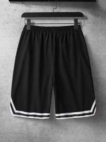 Aesthetic Post--Loose Fit Men's Shorts With Letter Graphic & Contrast Striped Trim - Black - View 2