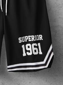 Aesthetic Post--Loose Fit Men's Shorts With Letter Graphic & Contrast Striped Trim - Black - View 3