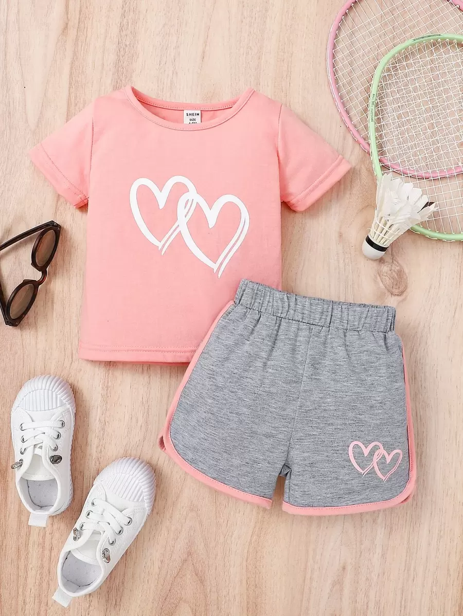SHEIN Baby Girl Heart Print Top & Contrast Binding Track Shorts - Multicolor - View 1