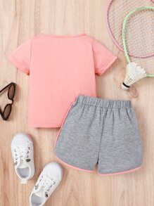 SHEIN Baby Girl Heart Print Top & Contrast Binding Track Shorts - Multicolor - View 2