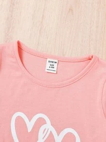 SHEIN Baby Girl Heart Print Top & Contrast Binding Track Shorts - Multicolor - View 3