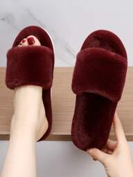 Fall/Winter Women's Wine Red Fashionable Solid Bedroom Slippers, Minimalist Furry Slipper Shoes,Christmas