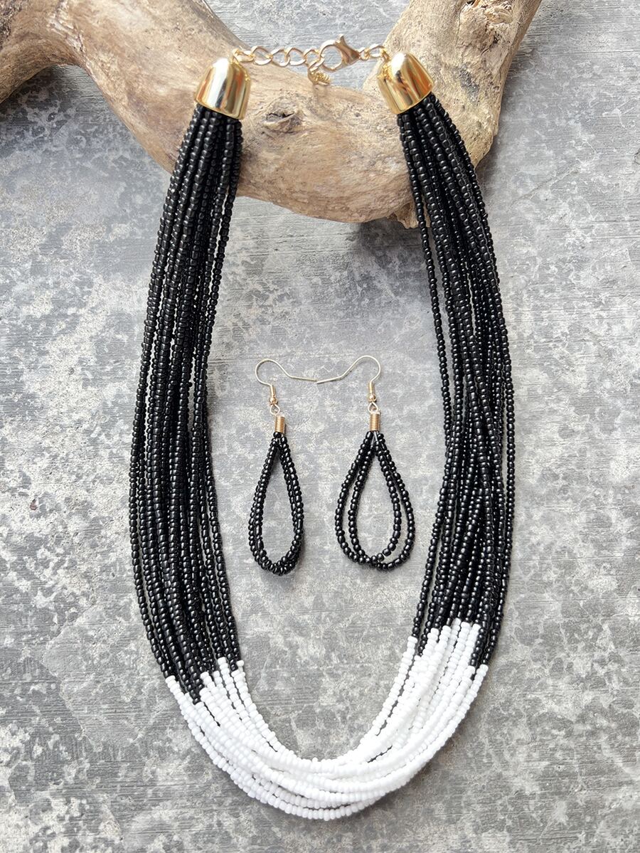 Bộ trang sức đính cườm 3 món hai tông màu - Đen và trắng - Xem 1