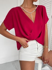 Crossover Batwing Sleeve Blouse - Burgundy - View 5