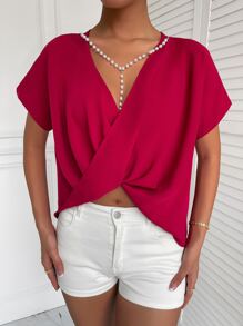 Crossover Batwing Sleeve Blouse - Burgundy - View 6