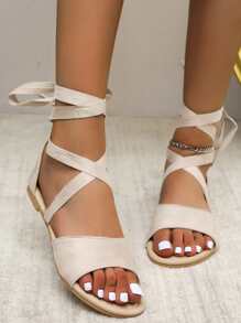 腿部繫帶仿麂皮綁帶涼鞋 - 米色 - 查看 1