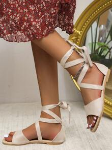腿部繫帶仿麂皮綁帶涼鞋 - 米色 - 查看 4