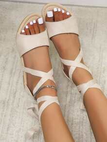 腿部繫帶仿麂皮綁帶涼鞋 - 米色 - 查看 6