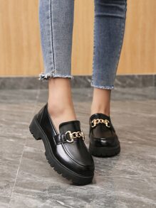 Round Toe Flats Women Minimalist Chain Decor Loafers - Black - View 1