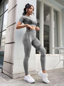 Yoga Basic 2pcs Seamless High Stretch Yoga Set Sports Suit Ribbed Top Scrunch Butt Wide Waistband Leggings - Grey - View 4