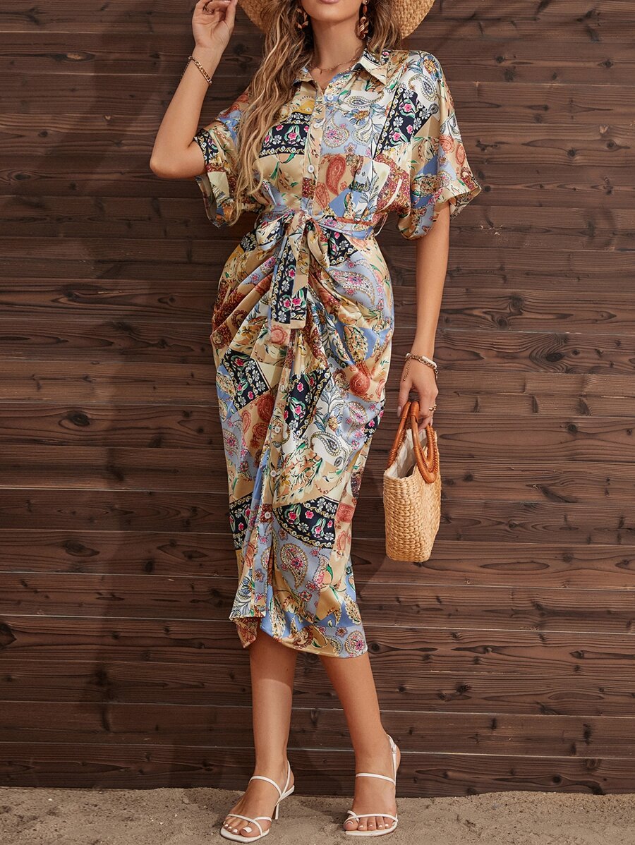 Breezaya 佩斯利印花蝙蝠袖腰帶緞面襯衫連衣裙 - 彩色 - 查看 1