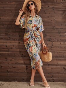 Breezaya 佩斯利印花蝙蝠袖腰帶緞面襯衫連衣裙 - 彩色 - 查看 3