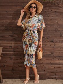 Breezaya 佩斯利印花蝙蝠袖腰帶緞面襯衫連衣裙 - 彩色 - 查看 7