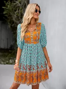 SHEIN Unity Paisley & Floral Print Tie Neck Ruffle Hem Dress