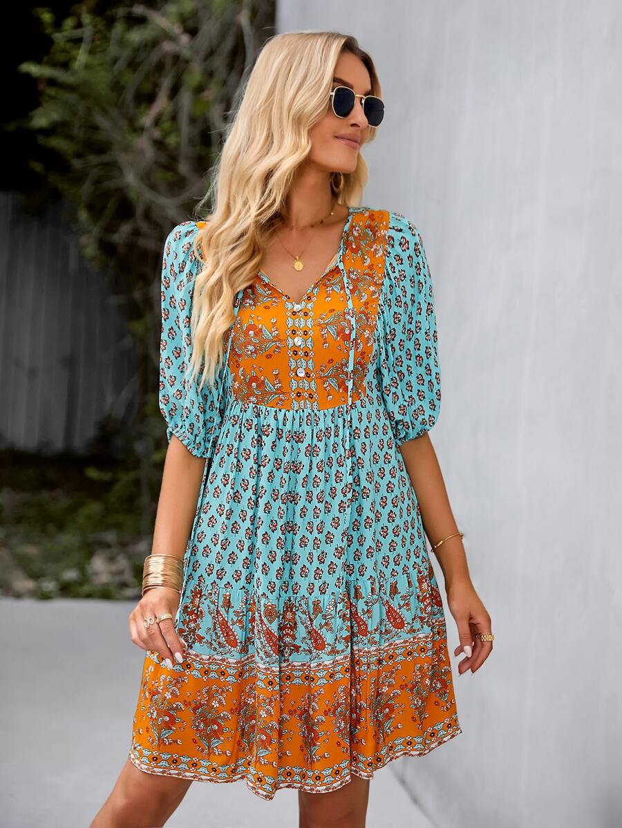 SHEIN Unity Paisley & Floral Print Tie Neck Ruffle Hem Dress