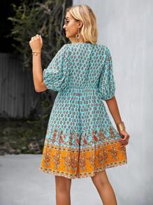 SHEIN Unity Paisley & Floral Print Tie Neck Ruffle Hem Dress