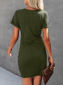 Solid Round Neck Self Tie Bodycon Dress - Army Green - View 2