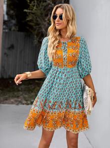 SHEIN Unity Paisley & Floral Print Tie Neck Ruffle Hem Dress