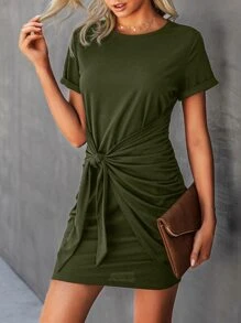 Solid Round Neck Self Tie Bodycon Dress - Army Green - View 3
