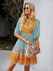 SHEIN Unity Paisley & Floral Print Tie Neck Ruffle Hem Dress
