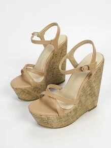 Women Apricot  Stitch Detail Ankle Strap Wedge Sandals, Fashionable Open Toe Sandals For Vacation - Apricot - View 3