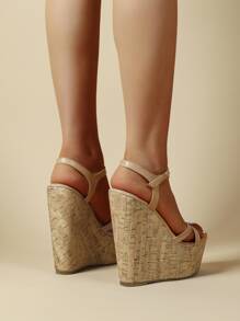 Women Apricot  Stitch Detail Ankle Strap Wedge Sandals, Fashionable Open Toe Sandals For Vacation - Apricot - View 4