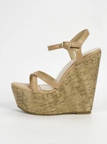 Women Apricot  Stitch Detail Ankle Strap Wedge Sandals, Fashionable Open Toe Sandals For Vacation - Apricot - View 5