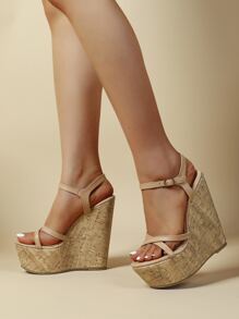 Women Apricot  Stitch Detail Ankle Strap Wedge Sandals, Fashionable Open Toe Sandals For Vacation - Apricot - View 6