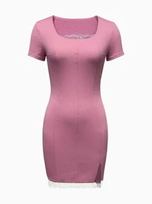 Lace Trim Scoop Neck Dress - Pink - View 1