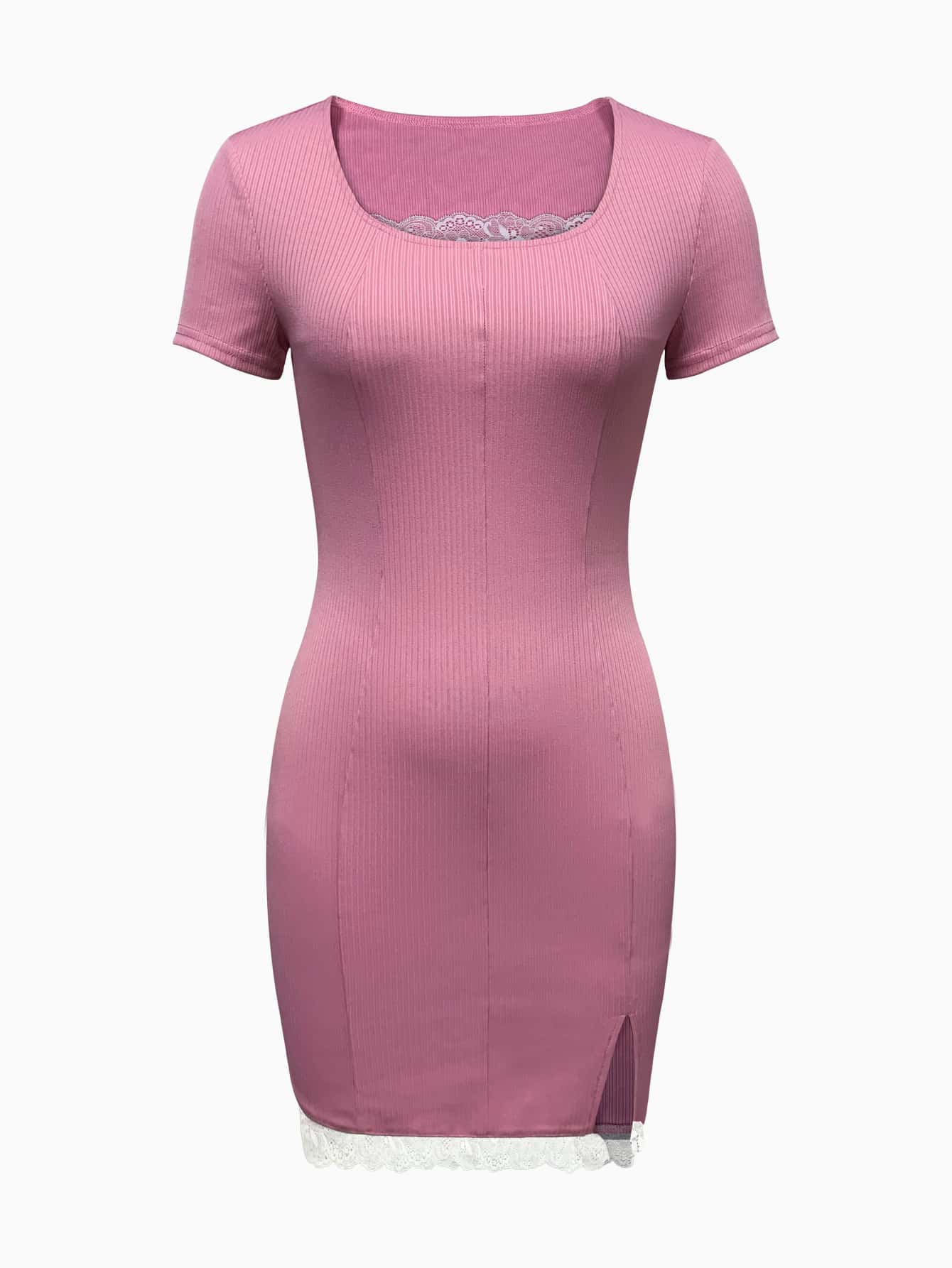 Lace Trim Scoop Neck Dress - Pink - View 1