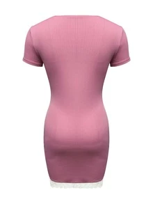 Lace Trim Scoop Neck Dress - Pink - View 2