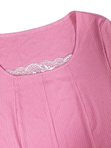 Lace Trim Scoop Neck Dress - Pink - View 3