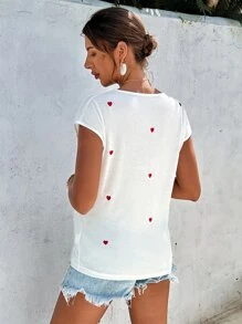 Heart Print Contrast Lace Batwing Sleeve Tee - White - View 2