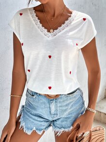 Heart Print Contrast Lace Batwing Sleeve Tee - White - View 3