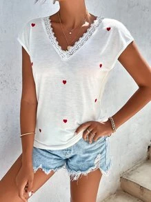 Heart Print Contrast Lace Batwing Sleeve Tee - White - View 4
