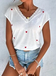 Heart Print Contrast Lace Batwing Sleeve Tee - White - View 5