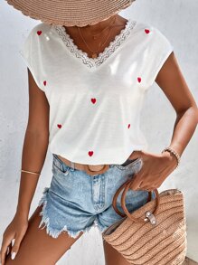 Heart Print Contrast Lace Batwing Sleeve Tee - White - View 6