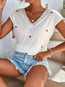 Heart Print Contrast Lace Batwing Sleeve Tee - White - View 8