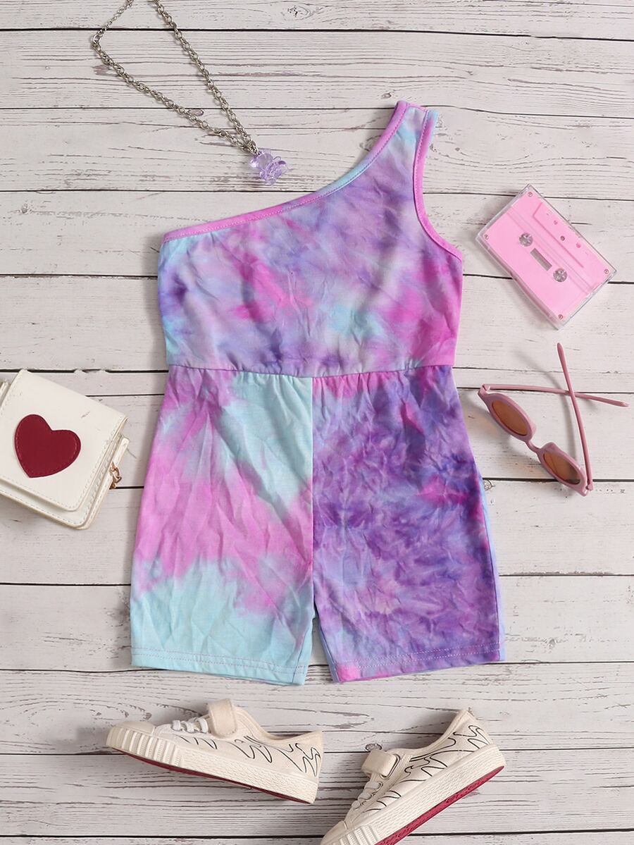 SHEIN 小女童紮染單肩連身短褲 - 彩色 - 查看 1