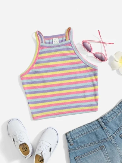 SHEIN 青少年女孩條紋圖案羅紋針織吊帶上衣