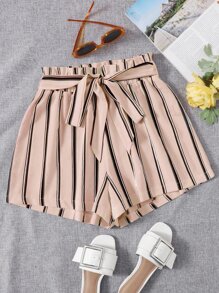Striped Paper Bag Waist Belted Shorts - Baby Pink - View 1