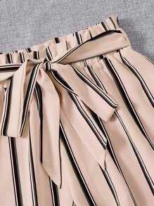 Striped Paper Bag Waist Belted Shorts - Baby Pink - View 3