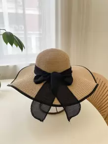 1pc Women Bowknot Skinny Scarf Decor Wide Brim Hat Boho Hat For Summer Beach Holiday