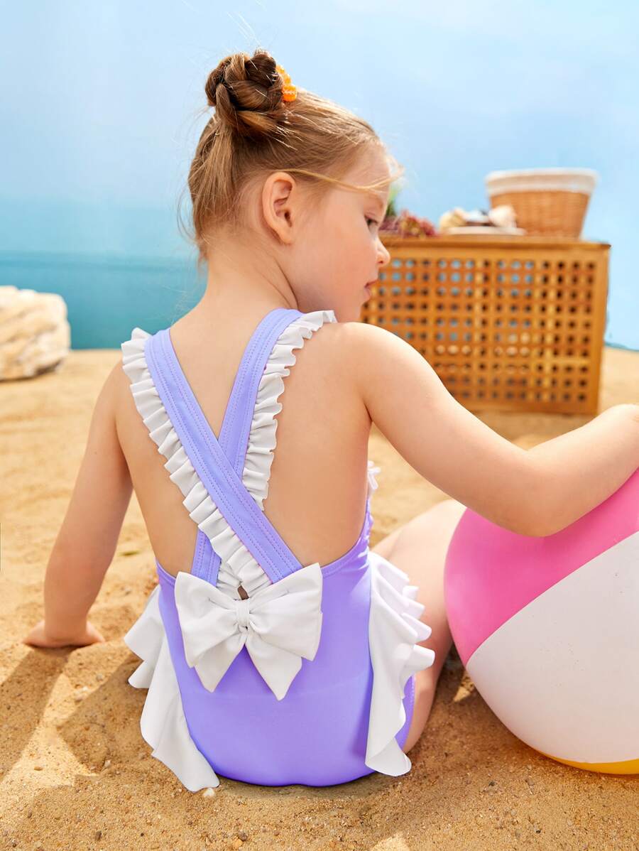Toddler Girls Ruffle Trim Bow Back One Piece Swimsuit - Lilac Purple - View 1