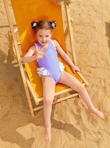 Toddler Girls Ruffle Trim Bow Back One Piece Swimsuit - Lilac Purple - View 2