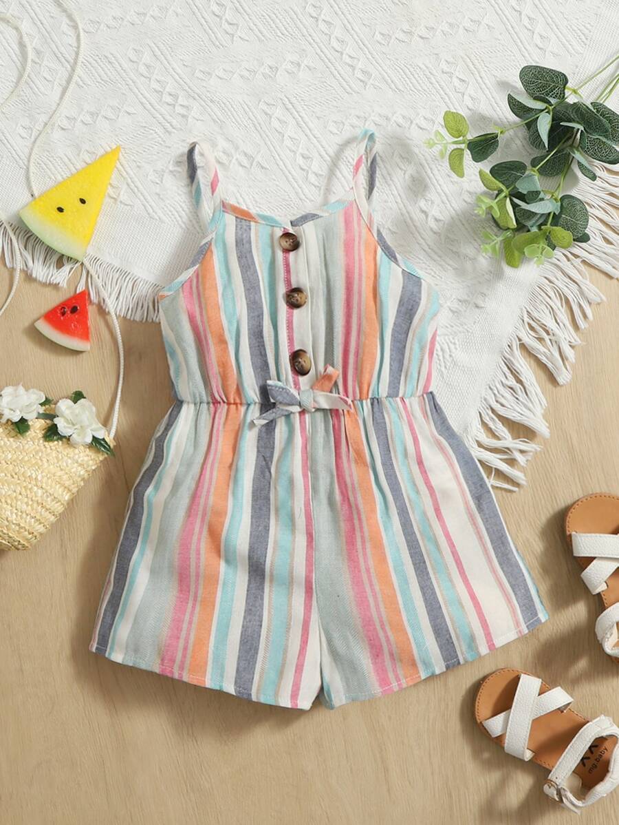 SHEIN Baby Block Striped Bow Front Cami Romper - Multicolor - View 1