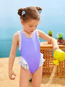 Toddler Girls Ruffle Trim Bow Back One Piece Swimsuit - Lilac Purple - View 3