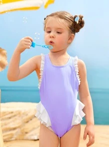Toddler Girls Ruffle Trim Bow Back One Piece Swimsuit - Lilac Purple - View 4