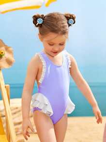 Toddler Girls Ruffle Trim Bow Back One Piece Swimsuit - Lilac Purple - View 6
